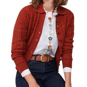Spartina 449 Cable Knit Wool Cardigan Sweater Rust Terracotta Large Academia